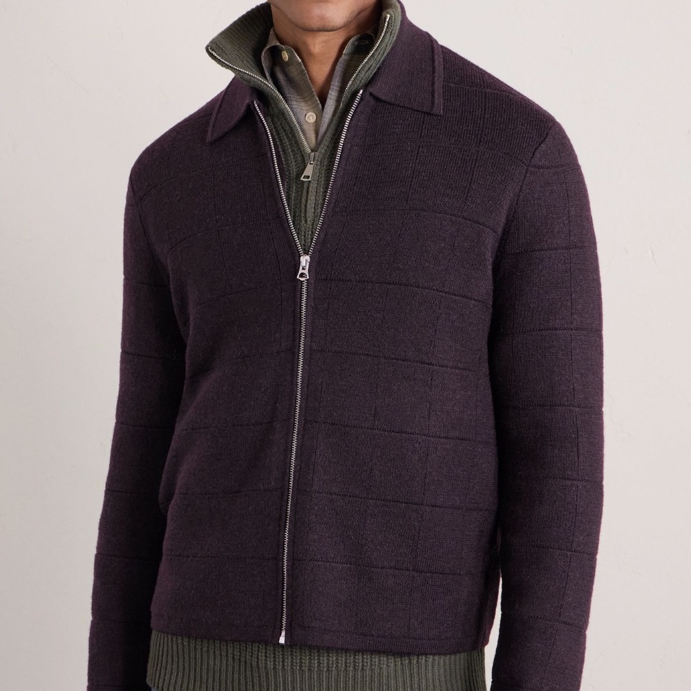RAG & BONE Men's Melrose Full-Zip Windowpane Wool Sweater, Brown, Size L